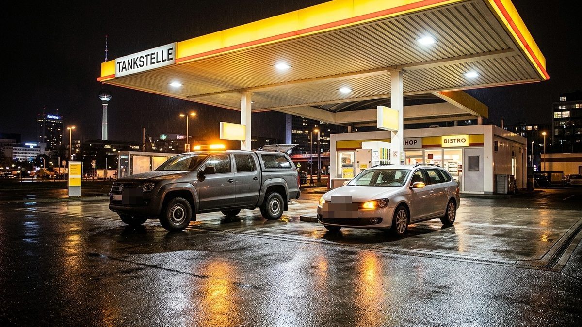 Tankstelle in Berlin bei Nacht: Pickup mit Warnleuchte neben einem Kombi mit Warnblinker, im Hintergrund der Fernsehturm