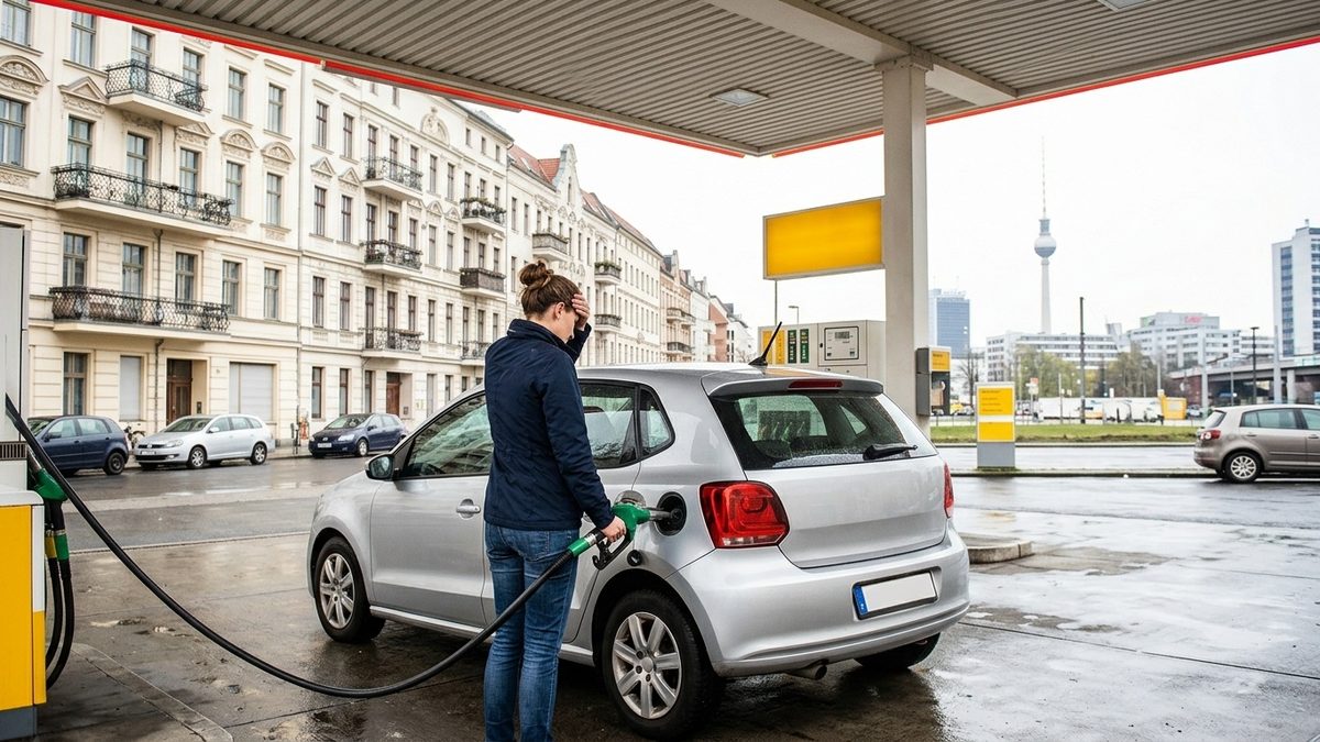 Frau an einer Zapfsäule in einem Berliner Altbauviertel fasst sich an die Stirn, Zapfhahn noch in der Hand