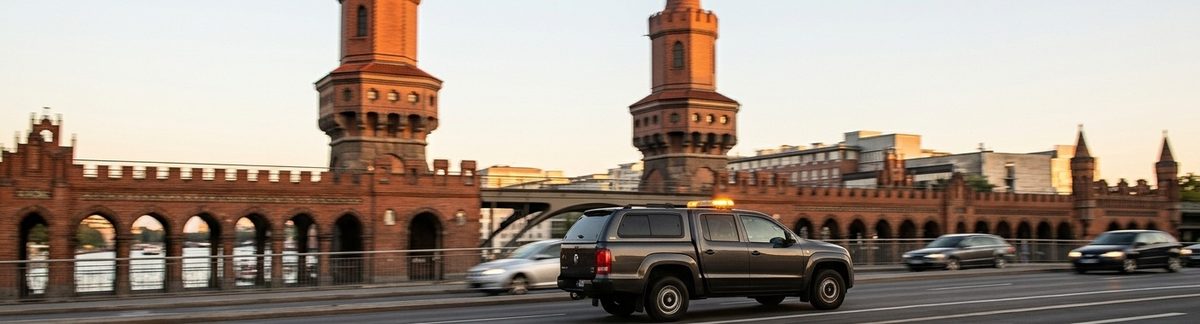 Pickup mit Warnleuchte fährt im Abendlicht über die Oberbaumbrücke in Berlin