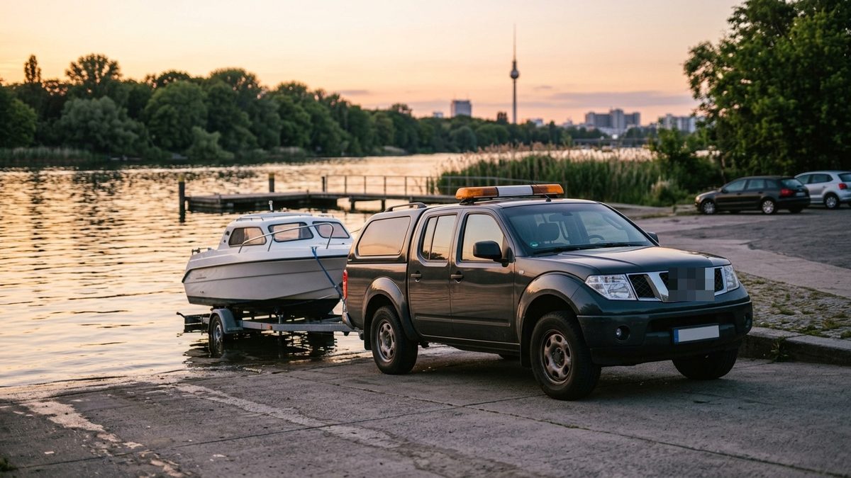 Motorboot auf einem Trailer hinter einem Pickup an einer Slipanlage, im Hintergrund der Berliner Fernsehturm