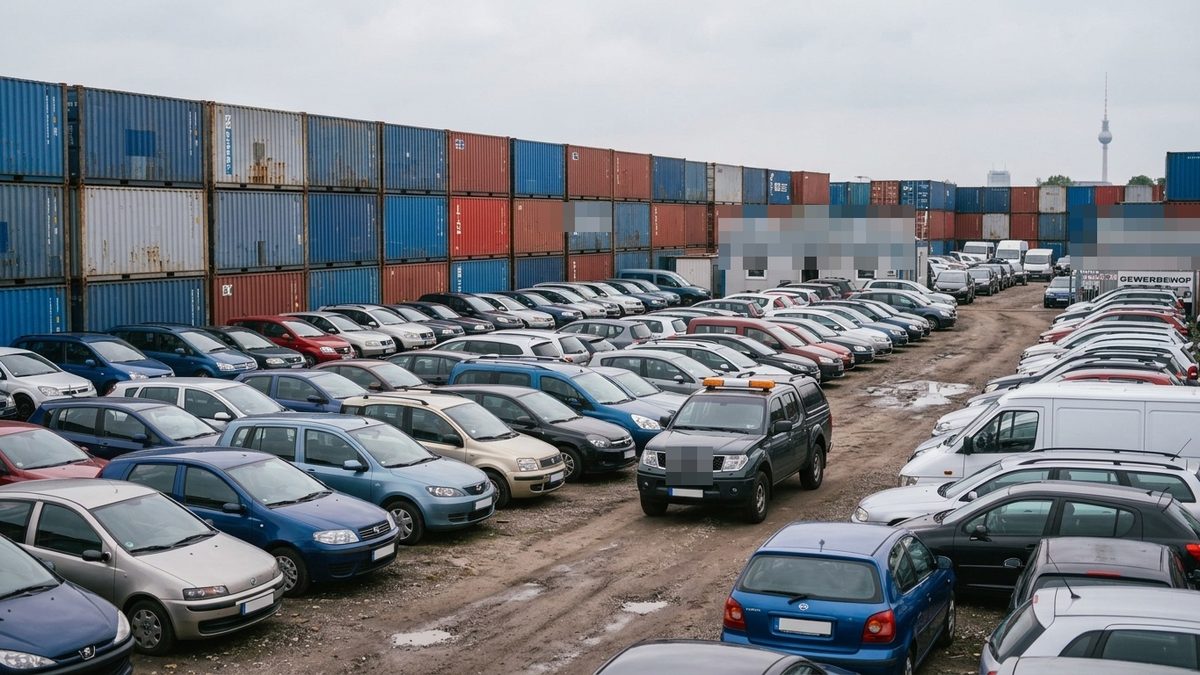 Gewerbehof mit dicht geparkten Gebrauchtwagen für den Export, dahinter gestapelte Container