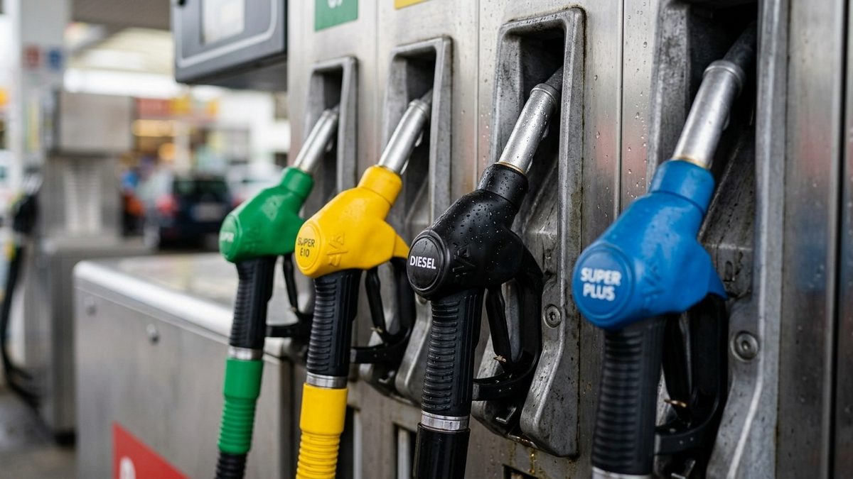 Grüne und gelbe Benzin-Zapfpistolen neben der schwarzen Diesel-Zapfpistole