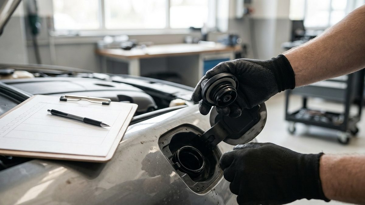 Hände in Arbeitshandschuhen halten den Tankverschluss vor dem offenen Einfüllstutzen, daneben ein Klemmbrett